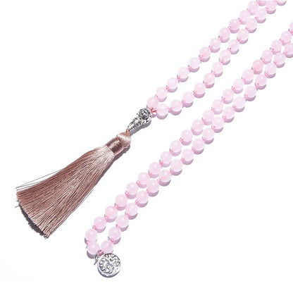 108 Mala Prayer Beads Necklace Natural Stones Meditation Yoga Jewery 108 Hand Knotted Japa Mala Beaded Long Tassel Necklace with Tree of Life Pendant for Men and Women - color: 8mm Rose Quartz