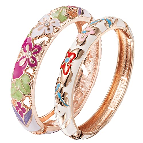 UJOY Fashion Cloisonne Bracelets Plated Butterfly Filigree Enameled Womens Gifts Bangles Spring Hinged 88A09 - color: 2 Pcs/Set-A09-White