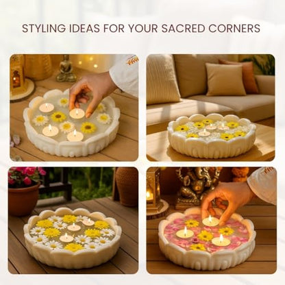 RITUALISTIC Padma Makrana Marble Urli Bowl (23×23×5 cm) | Natural White Marble with Lotus Design | Floating Candles & Flower Décor | Pooja Room Living Room Festive Display | Diwali Housewarming Gift - style: Padma Marble Urli