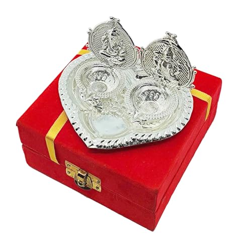 NOBILITY German Silver Diya with Red Velvet Gift Box Ganesh Lakshmi Design Idol Dia Pooja Items Diwali Decoration Puja Gifts Handmade Oil Lamp Traditional Indian Deepawali Gift Items - size: 1 Set