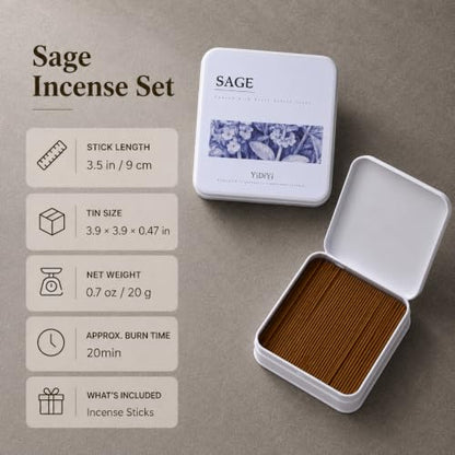 Natural White Sage Incense Sticks with Gold Holder & Storage Tin Box - color: Sage
