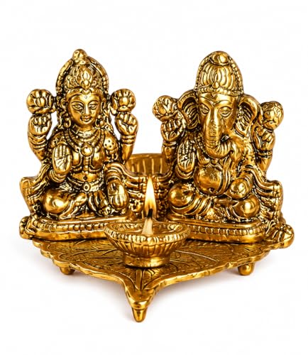 Lakshmi Ganesh Statue with Diya Oil Deepak Brass Laxmi Ganesha Idol Showpiece Deepam Traditional Diya for Diwali Puja Home Decoration Wedding Return Gift Items
