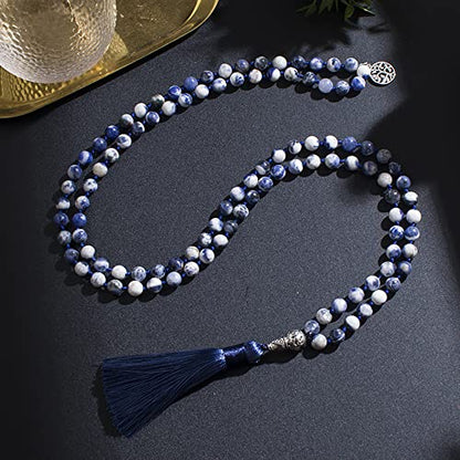 108 Mala Prayer Beads Necklace Natural Stones Meditation Yoga Jewery 108 Hand Knotted Japa Mala Beaded Long Tassel Necklace with Tree of Life Pendant for Men and Women - color: 8mm Flower Sodalite