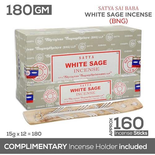 Satya Nag Champa White Sage Incense Sticks, SatyaBng (Bangalore) Insenses 15gmx12 Pack with Raajsee Insence Holder Bundle, Nag Champa Natural Incense - color: White Sage