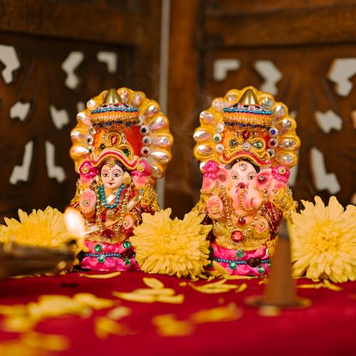 Lakshmi Ganesh Statue Hand Painted Idols Traditional Hindu Murti for Religious Hindu Festival Diwali Mandir Temple Pooja & Gifting (Lakshmi Ganesh Design-1) - color: Lakshmi Ganesh Design-1