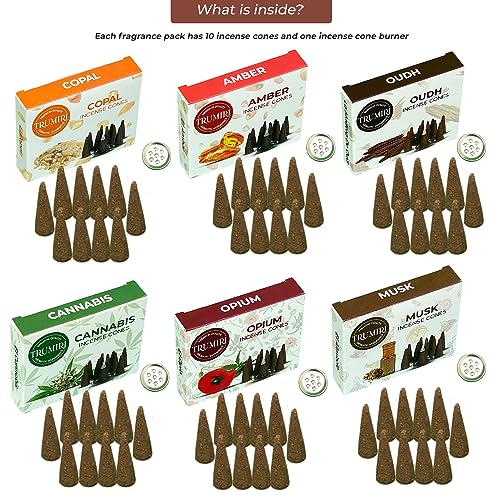TRUMIRI Exotic Incense Cones - Variety Pack - Total 60 Cone Incense (6 Scents x 10 Conos) - Copal, Oud, Musk, Amber - Cone Incense Scents - Insense Cones - Incent Cone - color: Exotic