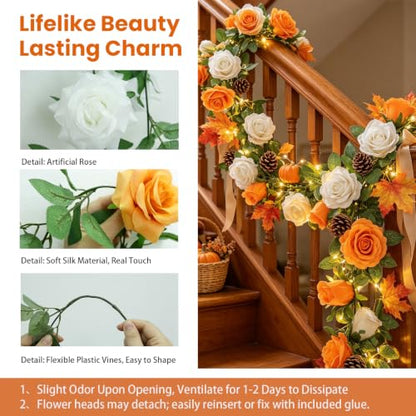 GREENTIME 2Pack Orange White Flower Garland Each 6.5FT Fake Rose Garland - color: Orange White