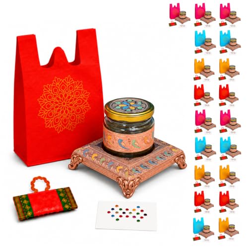 LoveNspire Varalakshmi Vratham Gift Hamper for Women – Includes Non-woven Printed Bag, Glass Jar, Haldi Kumkum & Bindi for Pooja, Housewarming, and Navratri Return Favors Pack Of 20 - size: Pack Of 20