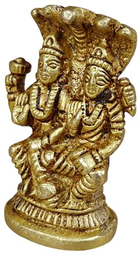 2.25 Inches Solid Brass Laxmi Narayan Murti | Lord Vishnu & Goddess Lakshmi Seated on Shesh Nag in Blessing Pose | Small Idol for Home Temple, Puja Room & Diwali Gift - size: Laxmi-Narayan