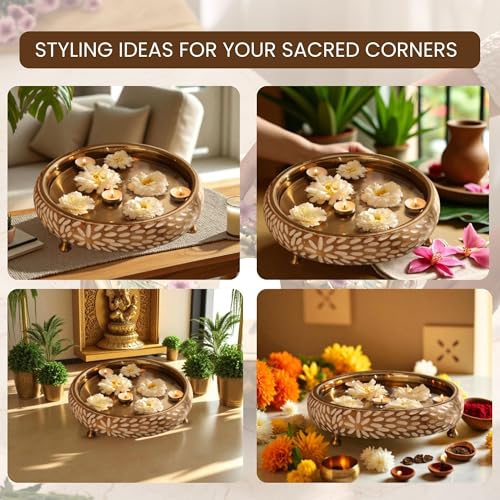 RITUALISTIC Vrinda Handcarved Wooden Urli Bowl (11.5 inches) | Mango Wood with Floral Sacred Carving & Detachable Legs | Floating Candles, Flowers & Festive Décor | Diwali Housewarming Premium Gift - style: Vrinda Wooden Urli