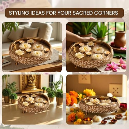 RITUALISTIC Vrinda Handcarved Wooden Urli Bowl (11.5 inches) | Mango Wood with Floral Sacred Carving & Detachable Legs | Floating Candles, Flowers & Festive Décor | Diwali Housewarming Premium Gift - style: Vrinda Wooden Urli