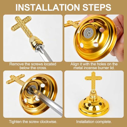 1 PCS Catholic Church Incense Holder with Cross Lid, Home&Altar Incense Burner, Charcoal Censer Incense Burner, Unique Meditation Gift, Frankincense Resin Bakhoor Burner (Gold)