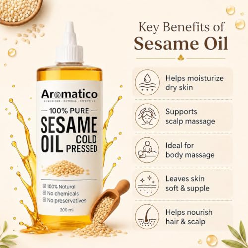 Aromatico Cold Pressed Sesame Oil for Skin, Hair and Massage, Lightweight Daily Care Oil, 7 Fl Oz - size: 7 Fl Oz