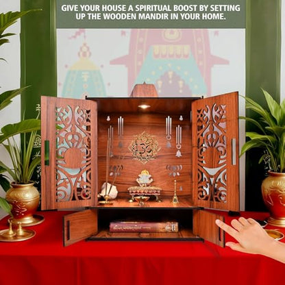 Wooden Temple Mandir for Home Beautiful Pooja with LED Light and Wall Mounts | Elegant Pooja Mandir for Home Big Size(H-17.3, L-11, B-10.6 inch)