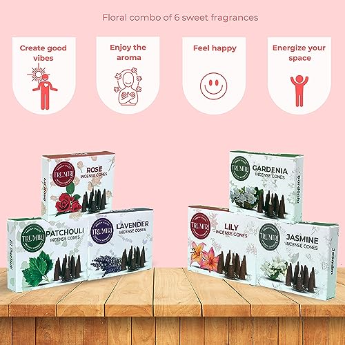Trumiri Floral Incense Cones - Variety Pack - Total 60 Cone Incense (6 Scents x 10 Conos) - Rose, Lavender, Jasmin, Patchouli, Gardenia, Lily - Cone Incense Scents - Insense Cones - Incent Cone - color: Floral