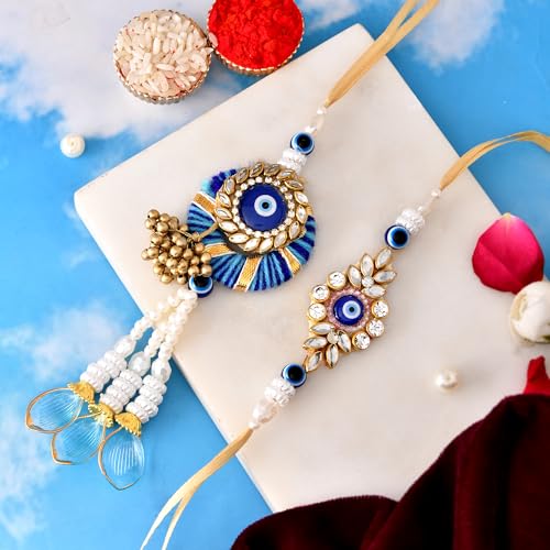 Premium Designer Bhaiya Bhabhi Rakhi Set with Lumba, Greeting Card, Roli Chawal & Fridge Magnet - color: Design-5