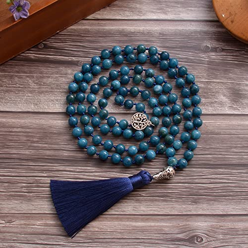 108 Mala Prayer Beads Necklace Natural Stones Meditation Yoga Jewery 108 Hand Knotted Japa Mala Beaded Long Tassel Necklace with Tree of Life Pendant for Men and Women - color: Blue Apatite