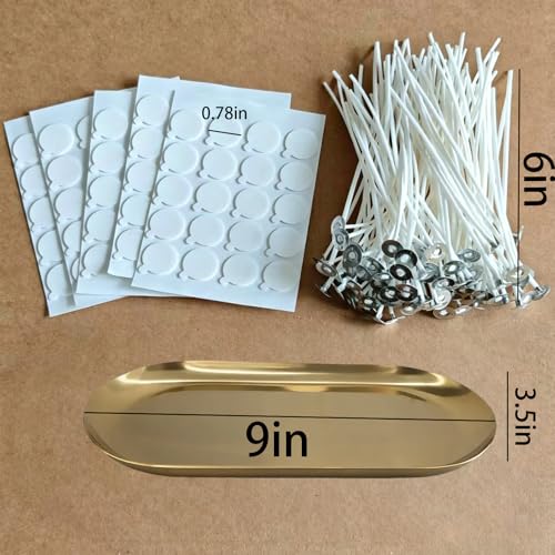 6 inch Pre-Waxed Candle Wicks - 100 Pcs Wicks with 100 Wick Stickers & 1 Gold Tray Holder, Low Smoke Wicks for DIY Candle Making, Soy Wax, Beeswax, Coconut Wax (Gold, 9) - color: Gold, size: 9