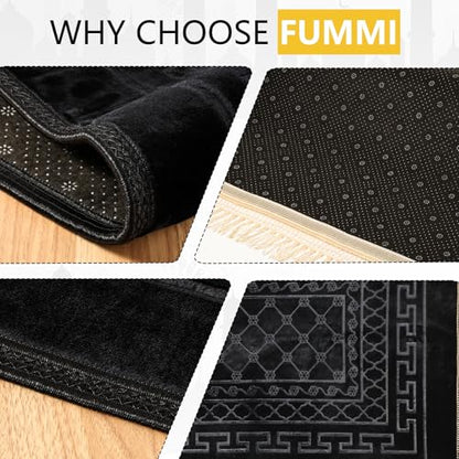 FUMMI Soft Padded Muslim Prayer Rug with Tasbih Beads, Thick Non-Slip Islamic Prayer Mat, Luxurious Janamaz for Men & Women (Black (with Counter)) - color: Black