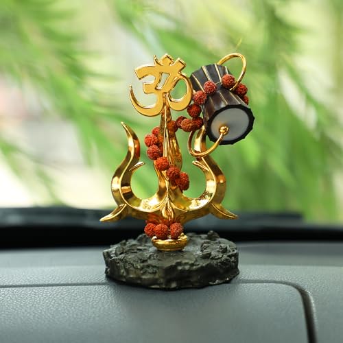 Gold Plated Trishul with Damru & Om Symbol (4 Inch) – Antique Resin Shiva Trident Showpiece for Puja, Real Rudraksh Mala, Shiva Idol for Car Dashboard & Home Decor – Pack of 1 - color: Golden