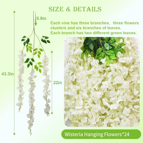 Wisteria Hanging Flowers, 24 Pcs Artificial Wisteria Garland Flower Vines - color: White, size: 24 Pack