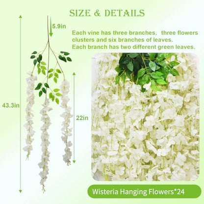 Wisteria Hanging Flowers, 24 Pcs Artificial Wisteria Garland Flower Vines - color: White, size: 24 Pack