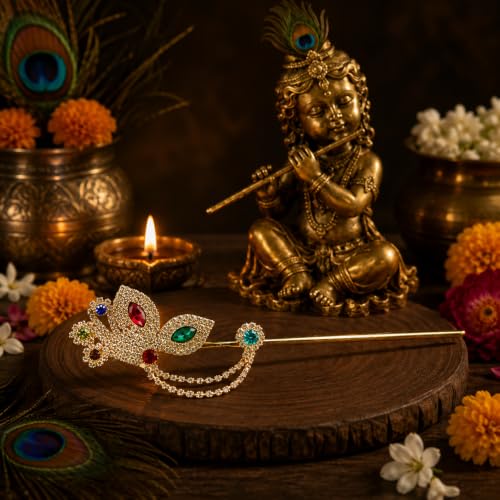 Brass Bansuri for Laddu Gopal God Idol Flute Krishna Temple Pooja -5.5" - color: Flower
