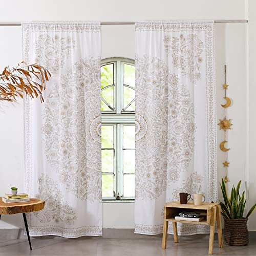 Popular Handicrafts Indian Hippie Mandala Bohemian Beautiful Sketch Window Drapery Curtain Bedroom Living Room Balcony Valance Panels White Gold