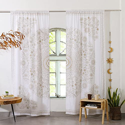 Popular Handicrafts Indian Hippie Mandala Bohemian Beautiful Sketch Window Drapery Curtain Bedroom Living Room Balcony Valance Panels White Gold