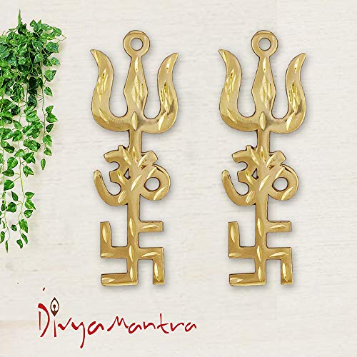 Divya Mantra Trishakti Yantra Trishul Om Swastika Decorative Spiritual Vastu Items Brass Indian Hindu Religious Wall Home Decor Kitchen Pooja Mandir Temple Hanging Good Luck Showpiece Set of 2 - Gold