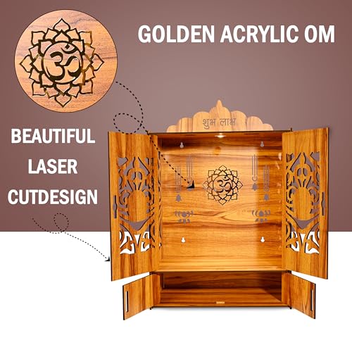 Wooden Temple Mandir for Home with Door | Beautiful Pooja Unit with Storage Space | with LED Light and Wall Mounts | Elegant Pooja Mandir for Home Big Size (Ex Large - 27 * 19 * 11 Inch)