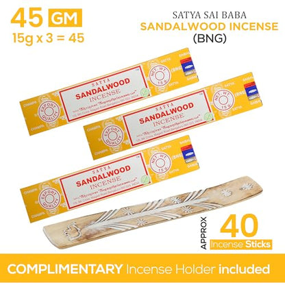 Satya Nagchampa Sandalwood Incense Sticks, Satya Bng (Bangalore) Insenses 15gmx3 Pack (45 GMS) with Raajsee Incense Holder Bundle, Satya Nagchampa Natural Incense - color: Sandalwood