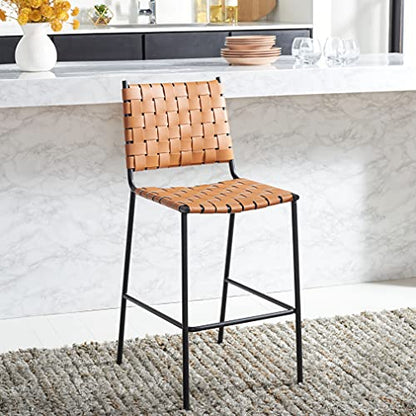 SAFAVIEH Home Collection Bahari Cognac Woven Leather/Black 26-inch Kitchen Island Breakfast Nook Counter Stool (Fully Assembled) - color: Cognac/Black