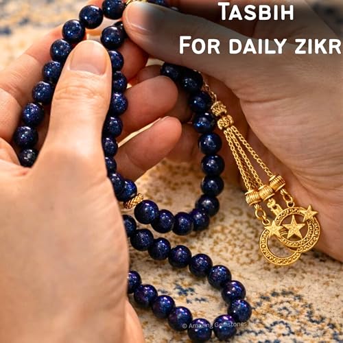 Amazing Gemstone Crystal Tasbeeh with Moon and Star Charm - Certified Crystal Muslim Prayer Beads Natural Gemstone Tasbih Gift for Ramadan Dhikr and Daily Namaz (G) - color: Blue Goldstone