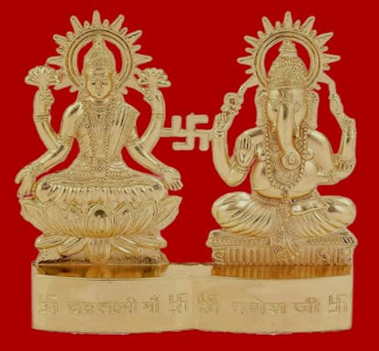 IS4A Lakshmi Ganesh Gold Plated Energized Idol Statue Figurine Wedding Festival Anniversary Diwali Puja Spiritual Gift 4 Inch
