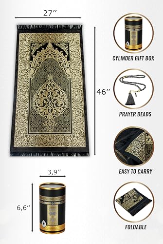 ihvan online Muslim Prayer Rug and Prayer Beads with Elegant Design Cylinder Gift Box, Janamaz, Soft Sajadah, Islamic Gifts Set, Portable Prayers Carpet Mat, Taffeta Fabric, Black - color: Black
