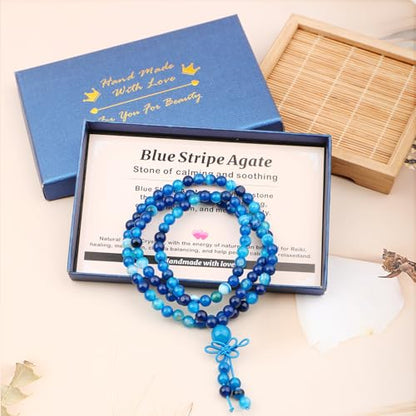 AD Beads 6mm 8mm 108 Prayer Mala Jasper Elastic Bracelet - Handmade Yoga Meditation Healing Power Energy Gifts for Unisex Adult. - color: Blue Stripe Agate(Soothing)