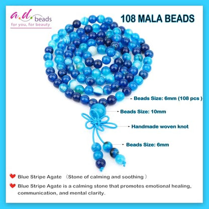 AD Beads 6mm 8mm 108 Prayer Mala Jasper Elastic Bracelet - Handmade Yoga Meditation Healing Power Energy Gifts for Unisex Adult. - color: Blue Stripe Agate(Soothing)