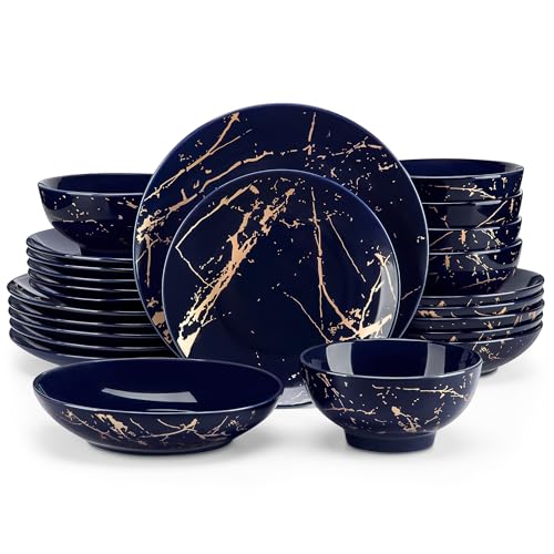 LOVECASA Plates and Bowls Sets for 6, 24 Pieces Porcelain Dinnerware Sets, Dark Blue and Gold Dish Set Gold Splash Dishware Sets, Dishwasher Microwave Safe - color: Dark Blue_Gold, size: 24 Piece (Service for 6)