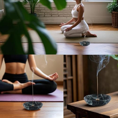Koville Natural Marble Incense Holder, Incense Holder for Sticks with 9 Holes, Handmade Incense Burner Ash Catcher for Meditation Yoga SPA, Balsam Fir/Palo Santo/Sage/Cone (Green) - color: D=150-alpi Green