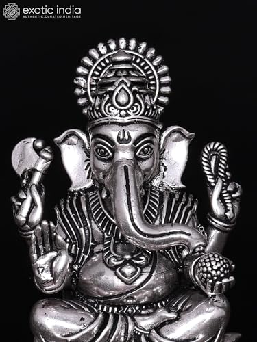 Exotic India Small Superfine Blessing Lord Ganesha Brass Statue | Silver Plated Ganpati Idol Figurine Gift for Home Décor, Office, Table Decorative