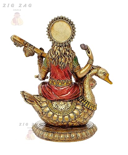 zig zag Maa Saraswati Devi Idol Statue Goddess of Knowledge, Music MATA Saraswati Figurine for School, Office, Home (Multicolor, 8 Inches)