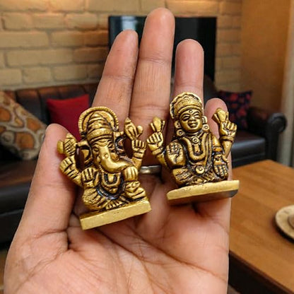 Brass Laxmi Ganesh Idol Pair 1.5 Inch Height, 120 Gram | Hindu Religious Figurine Murti Statue for Diwali, Home Temple, Office, Workplace & Festive Decor Showpiece