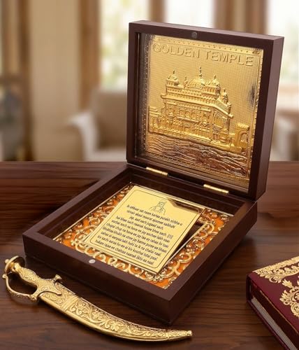 Golden Temple Khanda Ekonkar 24K Gold Plated Photo Frame Portable Pray Box Charan Paduka Pocket for Diwali, House Warming, Return Gifts, Puja Box. Sikh Pray Incriptions (Golden Temple Mini) - color: Golden Temple Mini