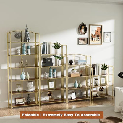 Crofy 3-Tier Wider Foldable Bookshelf, Gold Frame & Walnut Shelves - color: Gold Frame & Walnut Shelf, size: 3 Tier Wider