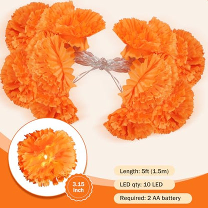 1 Pack Lighted Marigold Garland 10 LED Artificial Marigold Flowers String Lights Dia de Los Muertos Decorations for Halloween Diwali Indian Party (1, 5 Ft 10 LED) - size: 5 Ft 10 LED
