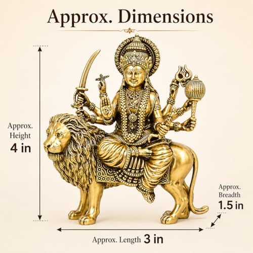 Brass Sherawali Vaishno devi Ma Durga Statue with Lion Mount Height 4" inch (Approx.) , Antique Gold Finish, Religious Hindu Idol for home temple mandir pooja room or home decor , navratri durga pooja