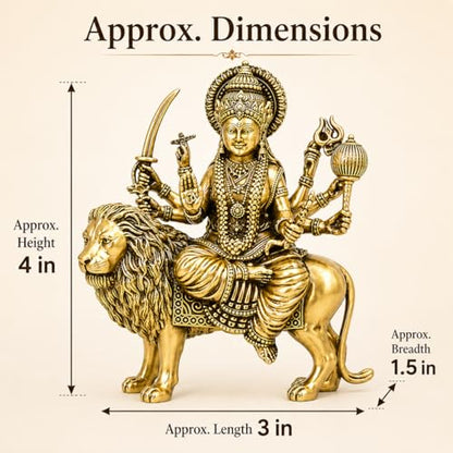 Brass Sherawali Vaishno devi Ma Durga Statue with Lion Mount Height 4" inch (Approx.) , Antique Gold Finish, Religious Hindu Idol for home temple mandir pooja room or home decor , navratri durga pooja