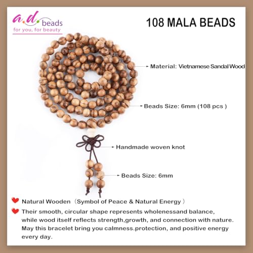 AD Beads 6mm 8mm 108 Prayer Mala Jasper Elastic Bracelet - Handmade Yoga Meditation Healing Power Energy Gifts for Unisex Adult. - color: Vietnamese Sandal Wood(Warmth)