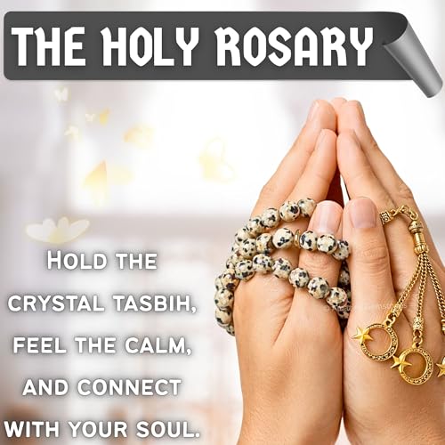 Amazing Gemstone Crystal Tasbeeh with Moon and Star Charm - Certified Crystal Muslim Prayer Beads Natural Gemstone Tasbih Gift for Ramadan Dhikr and Daily Namaz (G) - color: Dalmatian Jasper
